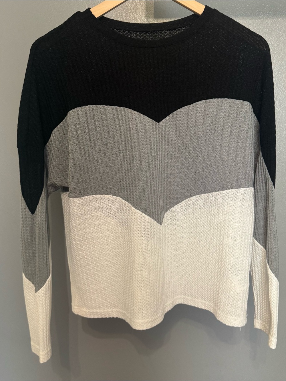 Waffle-Knit Colorblock Long Sleeve Top in Black, Gray & White